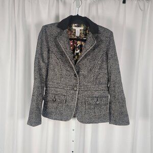 CAbi 629 Women’s Size 8 Coat Tweed Gray Blazer Wool Fox Hunt Horse EUC